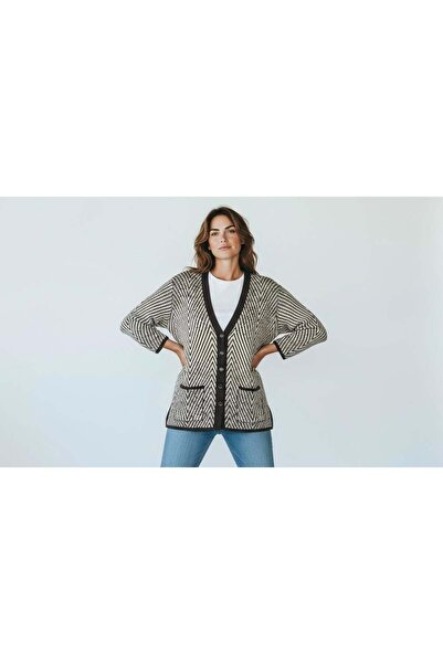 EREN STYLE Patterned Mimosa Knitted Sweater V-Neck Cardigan with Pockets