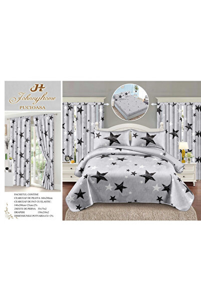 FIONNA.RO Fine Cotton Linen And Curtain Set 1 Person With Elastic - Star Grey