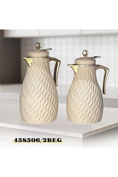 AR Qamar Thermos Set, 2 Pieces, Nickel Gold Plated, Hollow, 1.0 + 1.0 Liter