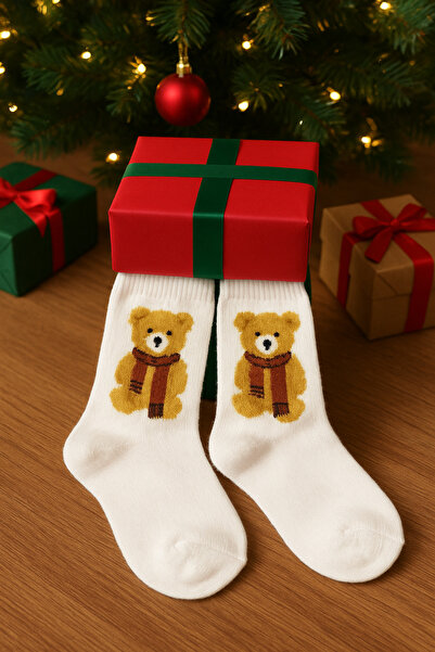 Perili Kadın Kışlık Çorap-Teddy Bear- Beyaz