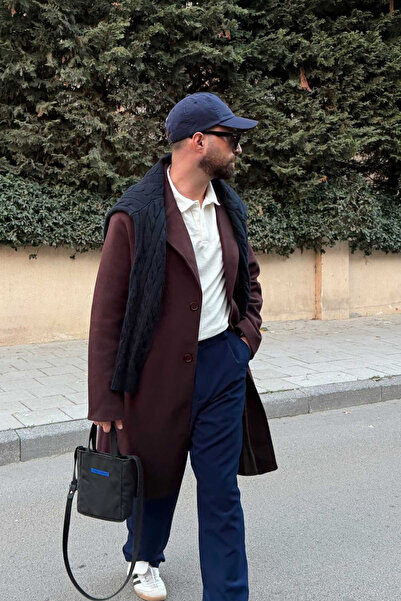 Livio Ferri Men's Regular Fit Buttoned Pocketed Winter Lined Classic Long Stamp Coat