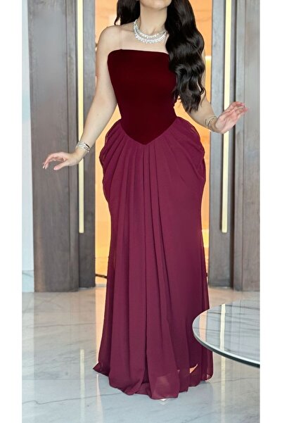 1186359 Burgundy wool and chiffon dress