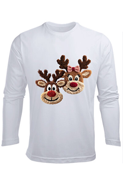 Efendioğlu Design Uzun kollu 2 geyik nakış görüntülü baskılı yılbaşı yeni yıl...