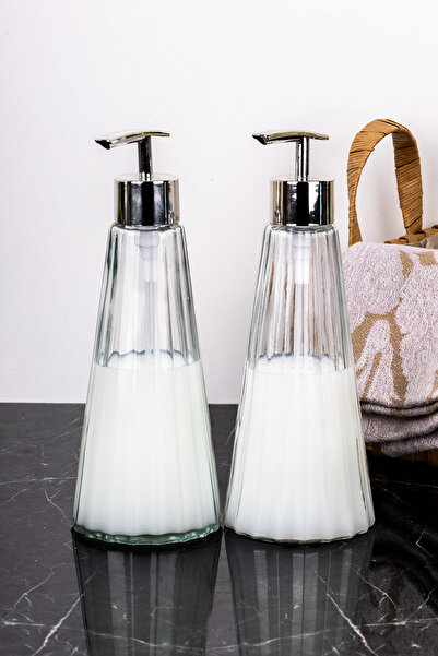 dnshome 2'li Lüks Modern Cam Sabunluk Seti Çizgili Sabunluk Gümüş Başlıklı Ba...