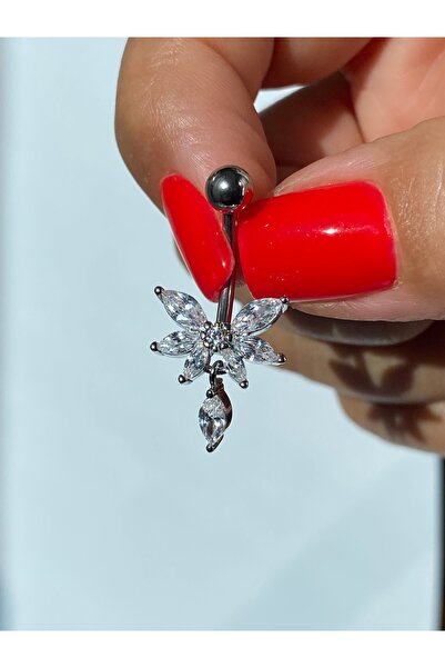 kurukafagift Göbek Çelik Piercing Zirkon Taşlı Kelebek Çiçek Figürlü Damla Taşlı