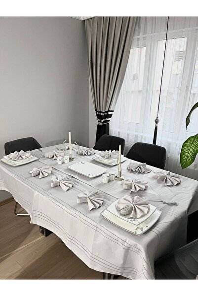 BRL ÇEYİZ HOME طقم مائدة كولبر بتفاصيل خطية بدون خياطة لـ 12 شخصًا 26 قطعة - ...