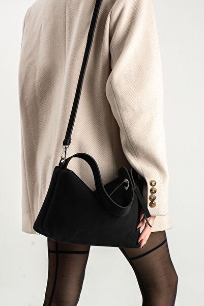 H&D COLLECTİON Black Suede Women's Shoulder Bag with Double Handles and Inner Pocket Detail
