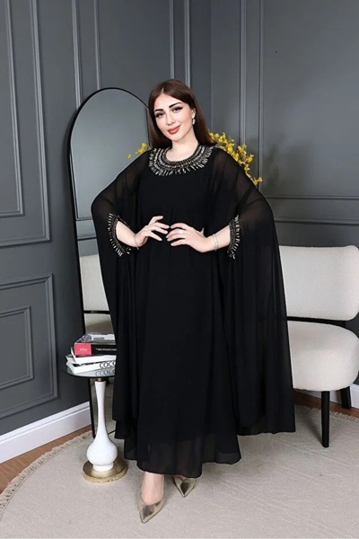 Haifa Fashion Long navy blue chiffon evening jalabiya with hand embroidery, k...