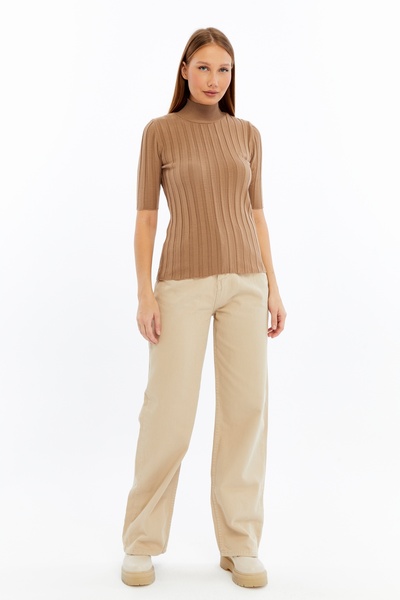 MA ananas Mock Neck Short Sleeve Corded Fabric Knitwear Sweater