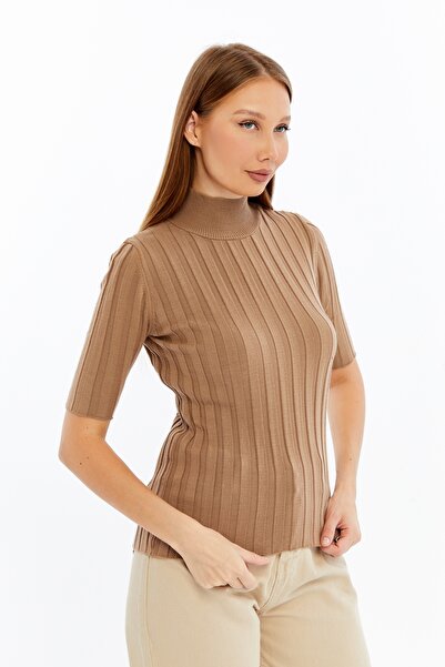 MA ananas Mock Neck Short Sleeve Corded Fabric Knitwear Sweater