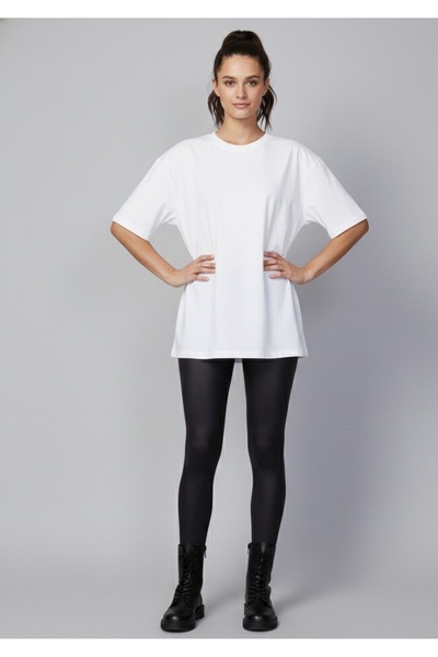 LORVEX Women's Black High Waist Shaping / Sculpting Shiny Leggings - Oversized T-Shirt Set