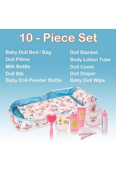 HappyVk Doll bed with set of 7 accessories, blanket and doll pillow - Pink Roses