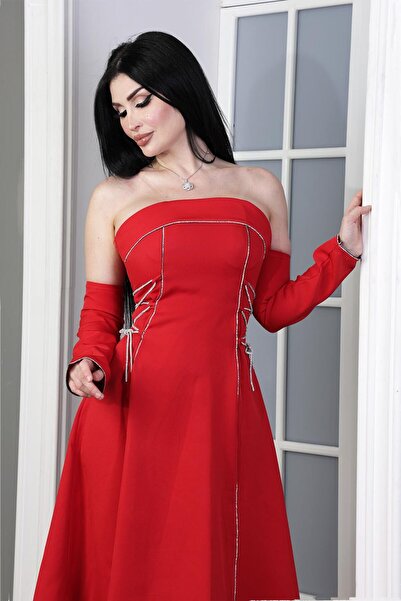 TREN Red Off Shoulder Evening Dress with Detachable Sleeves Elegant Midi Cocktail Party Gown for Women
