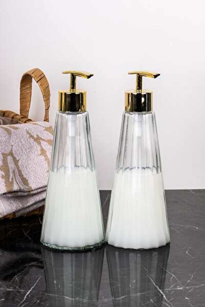 dnshome 2'li Cam Sabunluk Seti Lüks Modern Çizgili Sabunluk Gold Başlıklı Ban...