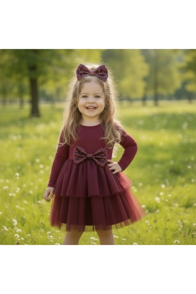 Milon Moda 2'li Bordo Hayal Tül Elbise, Pulpayet Fiyonk ve Toka