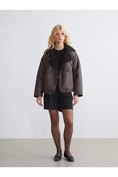 LC Waikiki Brown Plush Biker Collar Women's Suede Coat