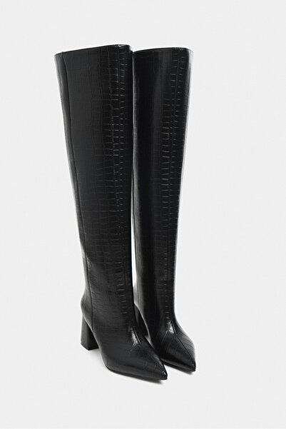 NİŞANTAŞI SHOES Olivia Black Patterned Pointed Toe Women's Heeled Boots