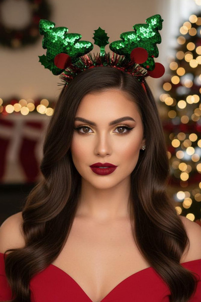 Jaida Moda Γυναικεία Χριστουγεννιάτικη Στέμμα διπλής όψης με πράσινη και κόκκινη παγιέτα με φιγούρα πεύκου – Πρωτοχρονιάτικο κούμπωμα