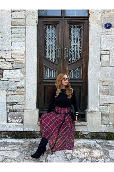 İrka Moda Ekose Dantel Kemerli Etek