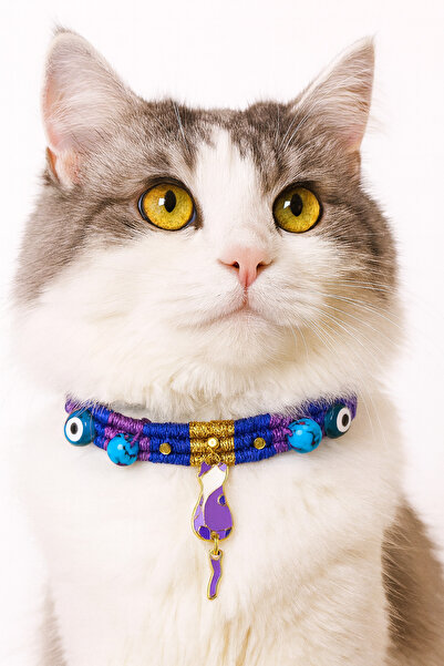 She Sells قلادة مصنوعة يدويًا على شكل قطة وحيوان أليف صغير مزينة بخرز العين الشريرة - قماش جينز قابل للتعديل