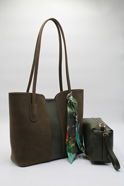 LASSO Women's Large Size Khaki Scarf Detailed Puppy Suede Leather Hand, Arm and Shoulder Bag