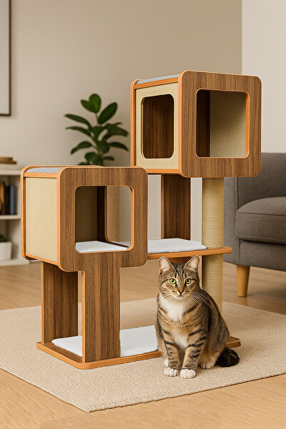 Patihomes Multi-Storey Cat Scratching and Play House with 2 Nesting Holes 18mm Mdf Premium Series with Cushions
