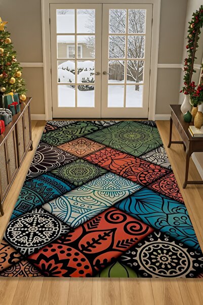 Kessy Home Studio Geometrik Motifli Dijital Baskı Yıkanabilir Halı Kaymaz Tab...