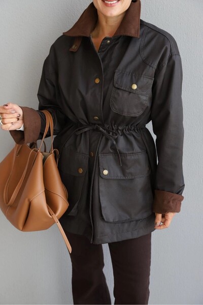 Suziş Velvet Collar Plaid Lining Oiled Coat 52114007