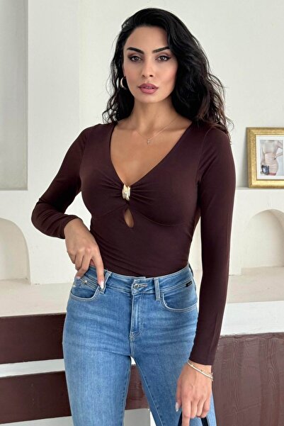 Moda Amore Women's V-Neck Gold Detailed Long Sleeve Blouse – Black, Coffee, White, Burgundy 10136