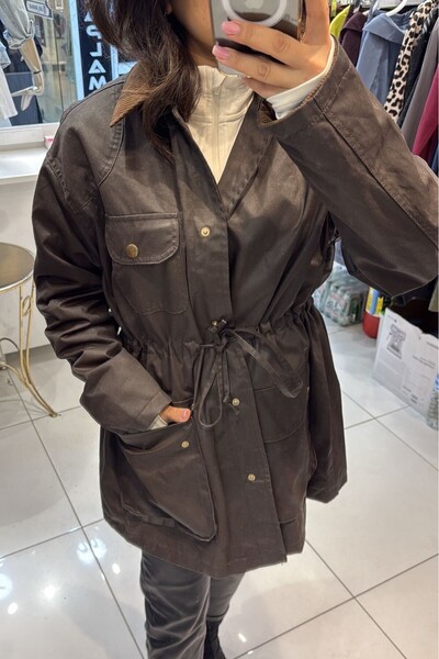 Suziş Velvet Collar Plaid Lining Oiled Coat 52114007