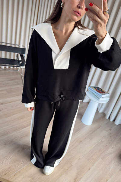 Sue Store Black and White Oversized Modal Tracksuit Set with Snap Fasteners on the Front
