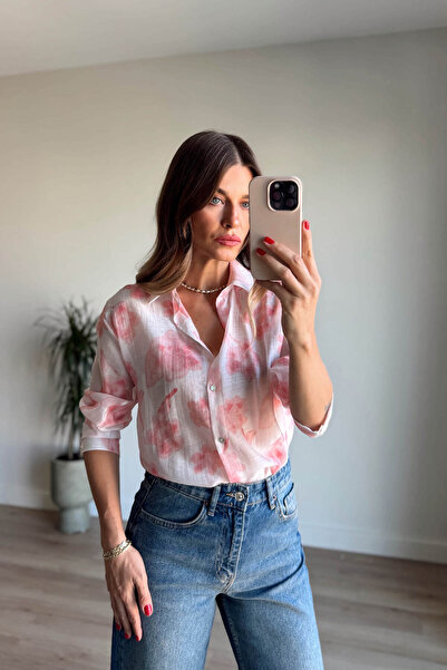 Sue Store Ecru Powder Floral Printed Silk Textured Shirt