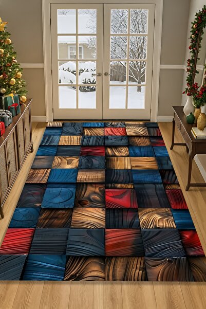 Kessy Home Studio Geometrik Desenli Dijital Baskı Yıkanabilir Halı Kaymaz Tab...