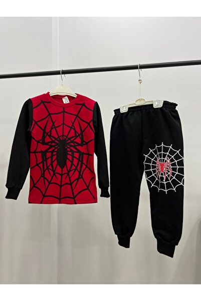 miniktavşanlarkids Boys' Spider Patterned Sweatshirt and Jogger Top and Bottom Set – Set of 2 – Ages 3-10 – Winter