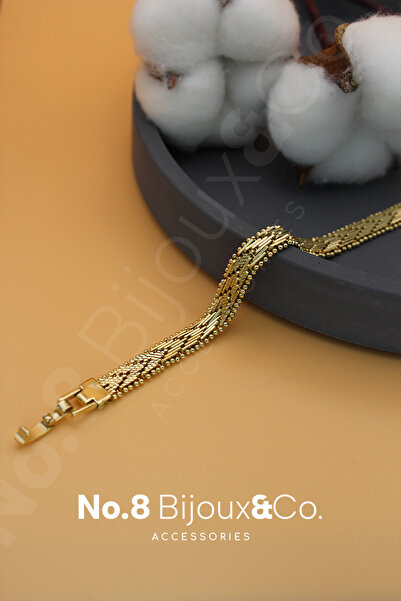 NO8 Bijoux&Co Xuping 14K Altın Rengi V Örgü Form İnce Top Detaylı Bileklik (1...