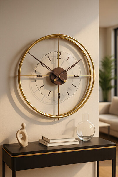 Wallover Design XL Boy Jumbo Modern Sessiz Duvar Saati Gold/Ceviz Detaylı, Me...