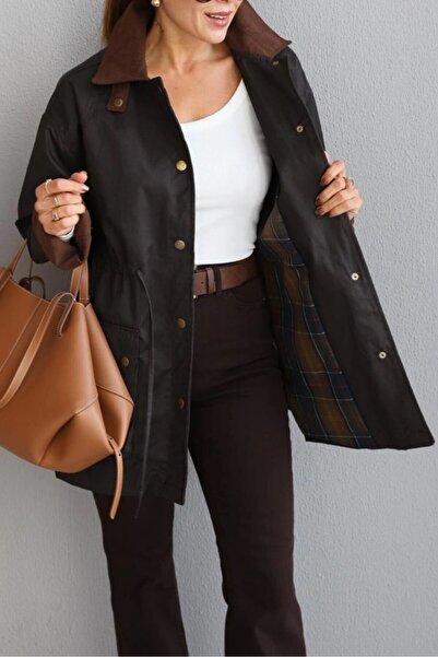 Suziş Velvet Collar Plaid Lining Oiled Coat 52114007