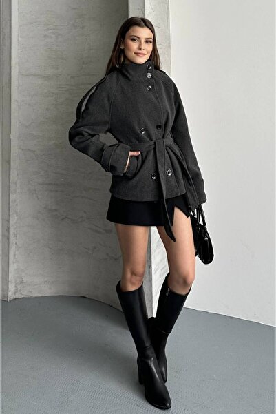 asyadabutik Women's Mock Neck Belted Short Lined Cashmere Coat