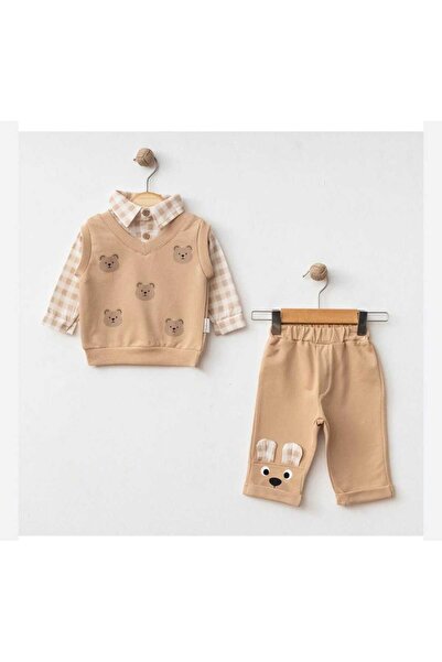 ALYA BUTİK قميص أليا بوتيكس بأكمام بنية اللون طراز تيدي بير مطبوع طقم من القط...