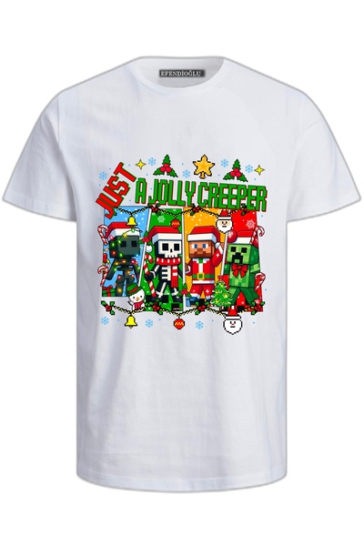 Efendioğlu Design Just a Jolly Creeper Printed New Year Christmas Cotton Short Sleeve Kids T-Shirt