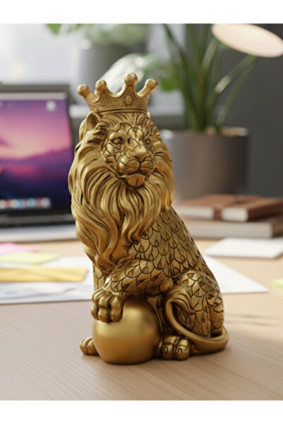 moryconcept Polyester Dekoratif Taçlı Aslan Figürü – Premium Altın Renk Heyke...