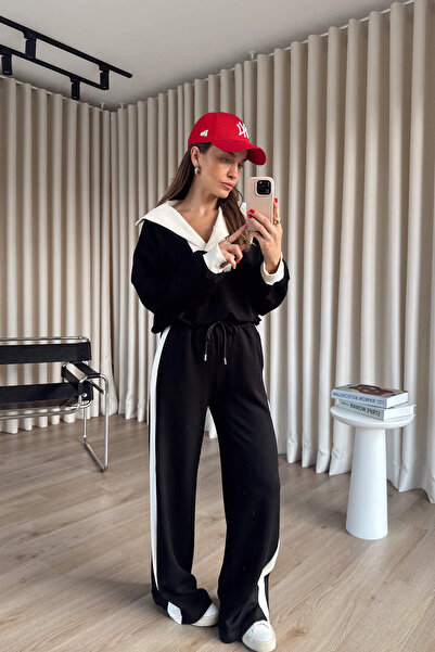 Sue Store Black and White Oversized Modal Tracksuit Set with Snap Fasteners on the Front