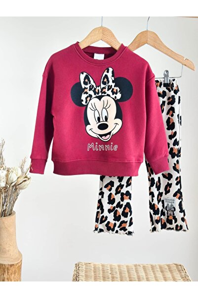 Pinkitokids Leopard Patterned Character Printed Sweatshirt and Flared Sets