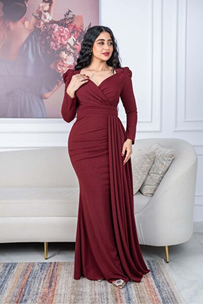 TREN Burgundy Wrap Evening Gown with Long Sleeves Draped Maxi Dress for Formal Events Women