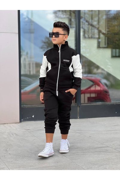 inebolu kids Zippered Piece 3 Thread Fleece-Lined Garson 2-Piece Sweat Tracksuit Set for Boys