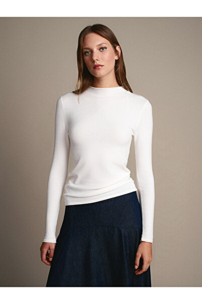 Dilvin 10841 Mock Neck Cashmere Knitwear Sweater-Ecru