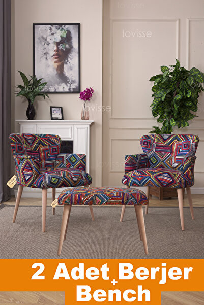 LOVİSSE HOME 2 Adet Berjer Tekli Koltuk ve Bench Set Balkon, Ofis, Bekleme, G...