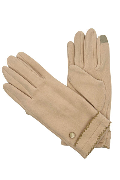Sofist İstanbul Beige Suede Look Soft Women's Gloves with Button Detail