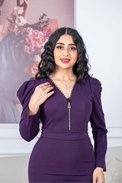 TREN Purple Long Sleeve Maxi Dress with Front Zipper Detail | Elegant Evening Gown for Women