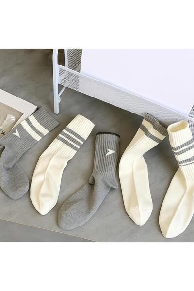 Sky Socks 5-Piece Economical Pack Gray-Ecru Patterned Unisex Tennis Socks Set